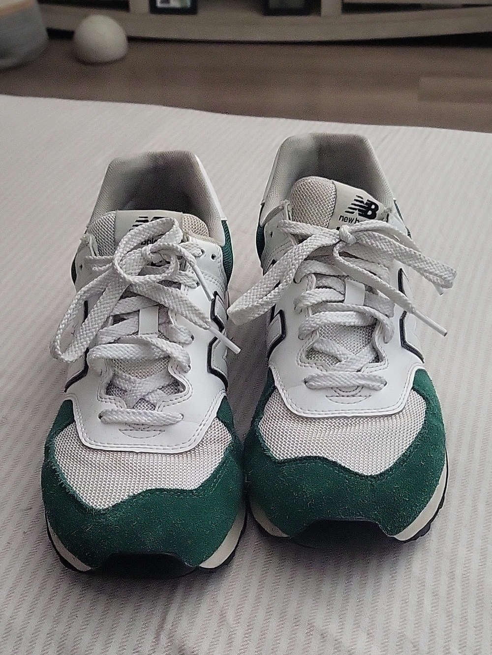 New Balance 574 White and Green Retro Runner Sneakers